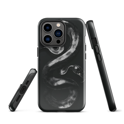 Phone case with detailed black python design on dark background.
