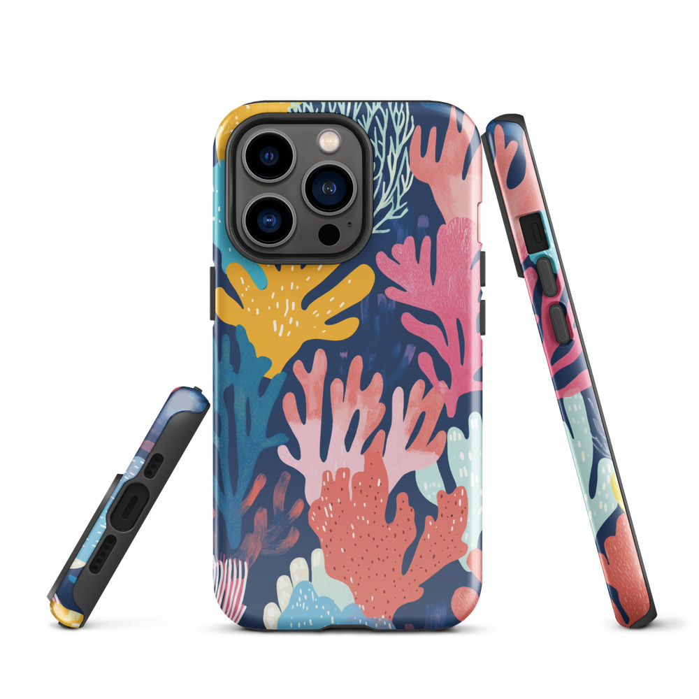 Colourful coral reef phone case design in pink, blue and yellow by NZ artist Ben Hart
