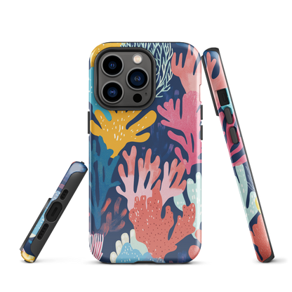 Colourful coral reef phone case design in pink, blue and yellow by NZ artist Ben Hart