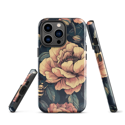 Phone case with vintage-style pink roses and bees on dark background, floral New Zealand artwork.