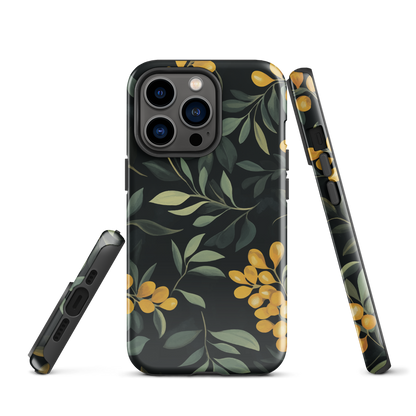 NZ Kowhai phone case with native yellow floral and green leaves on black background by designer Ben Hart.
