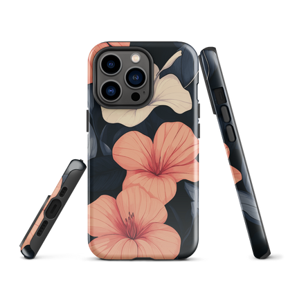Phone case with coral hibiscus flowers and ivory blooms on dark background