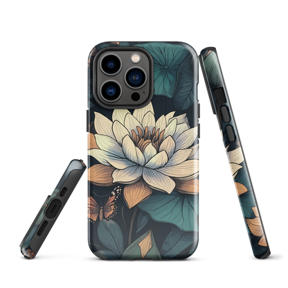 Phone case with ivory water lily, green leaves, and butterfly accents on dark background
