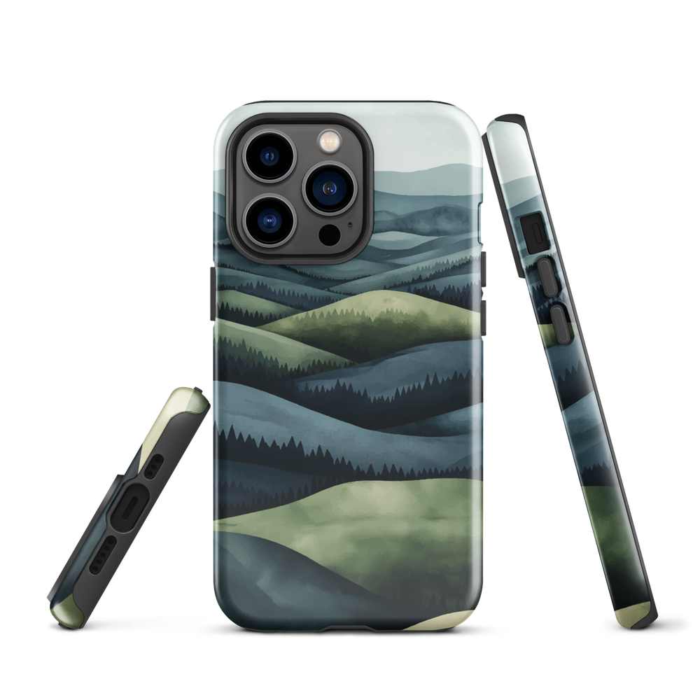 Phone case with layered mountain and forest landscape in blue and green hues