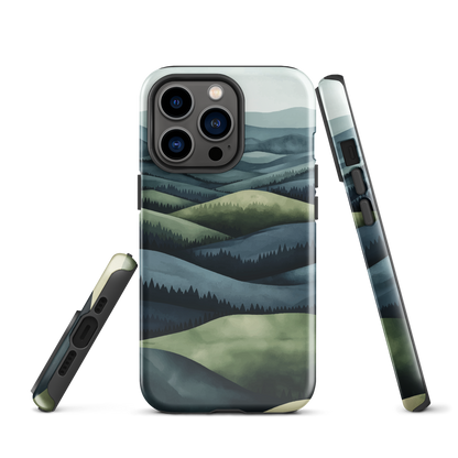 Phone case with layered mountain and forest landscape in blue and green hues