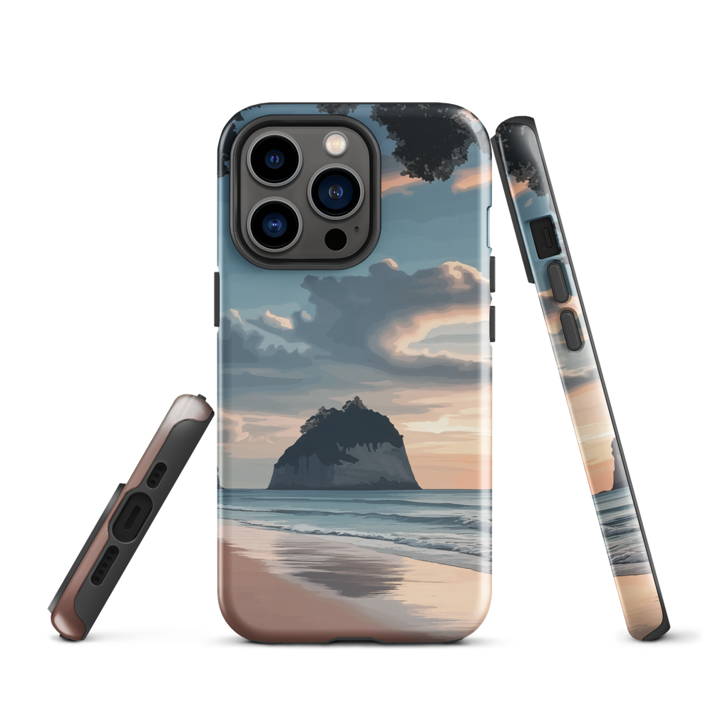 Phone case with Cathedral Cove beach and sunset scene, featuring soft skies and sea stack