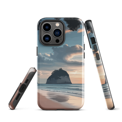 Phone case with Cathedral Cove beach and sunset scene, featuring soft skies and sea stack