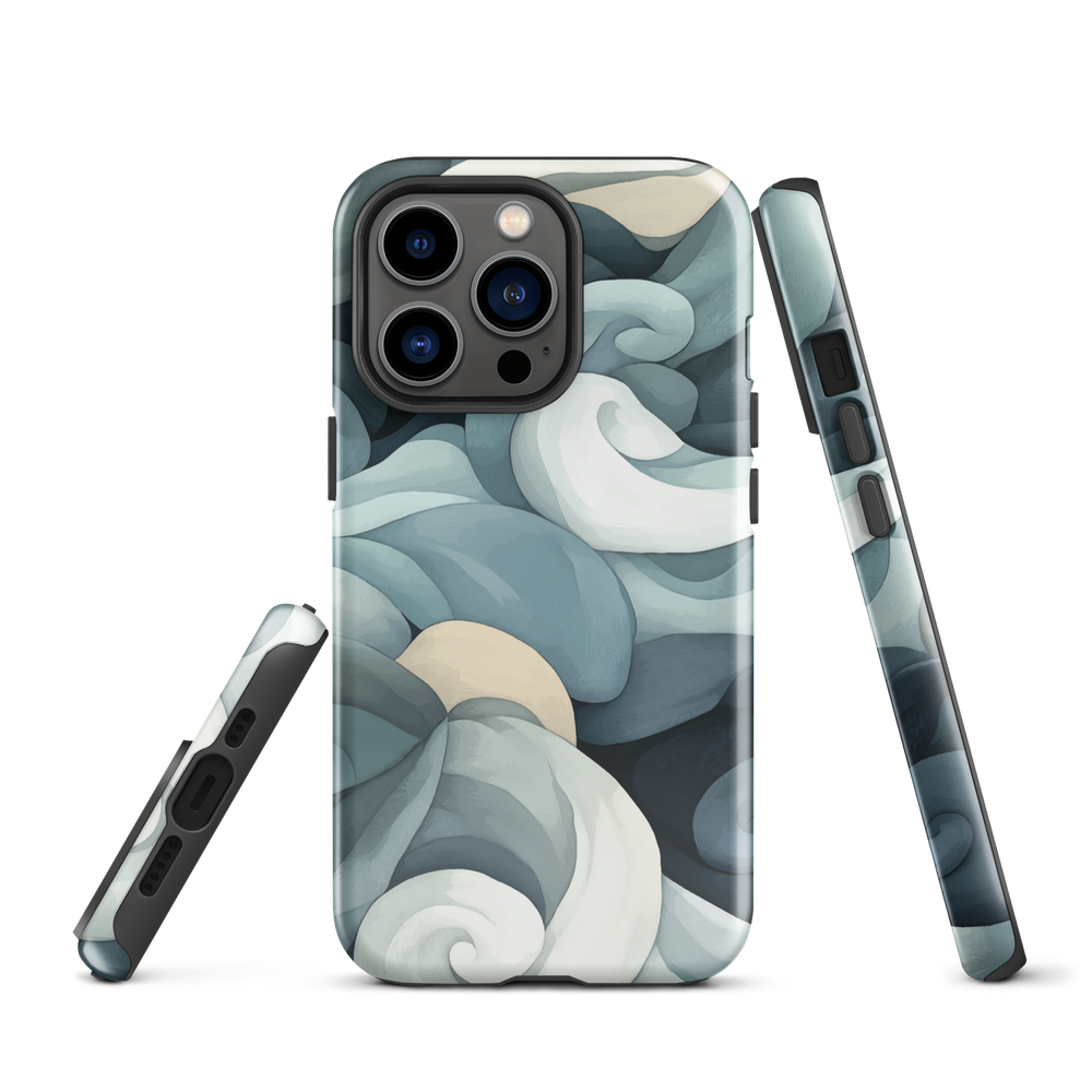 Phone case with abstract swirling ocean waves in blue and cream