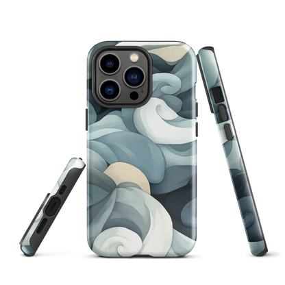 Phone case with abstract swirling ocean waves in blue and cream