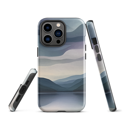 Phone case with moody blue and purple layered mountain and lake landscape artwork