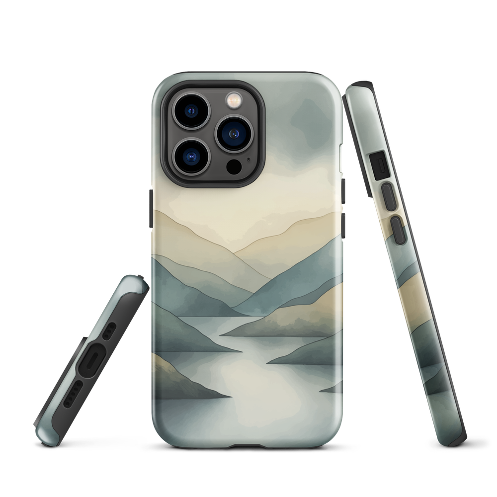 Phone case with soft mountain and valley design in misty green, blue, and golden tones