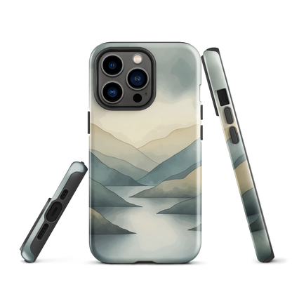 Phone case with soft mountain and valley design in misty green, blue, and golden tones