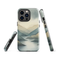 Phone case with soft mountain and valley design in misty green, blue, and golden tones