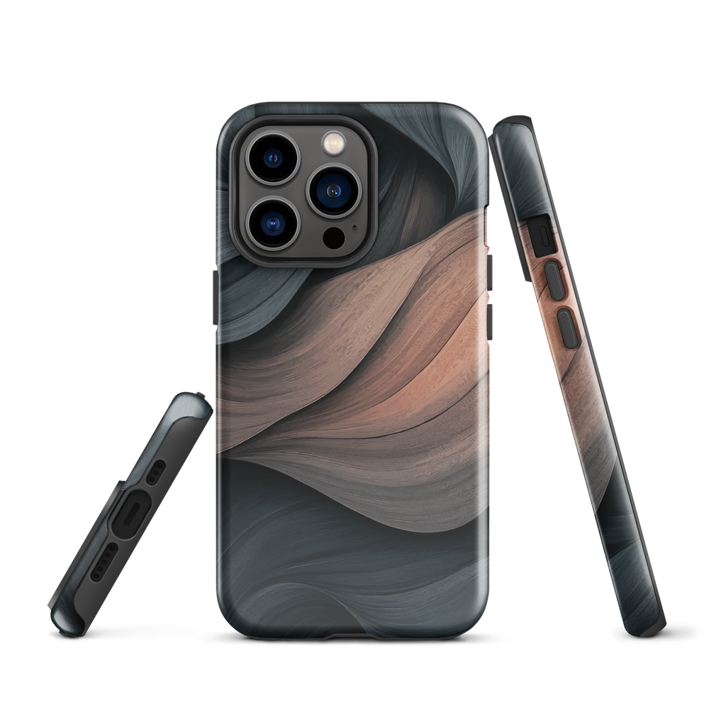 Phone case with flowing abstract design in black, copper and charcoal tones, inspired by dusk shadows