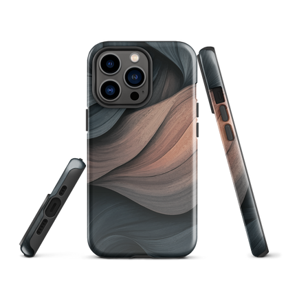 Phone case with flowing abstract design in black, copper and charcoal tones, inspired by dusk shadows