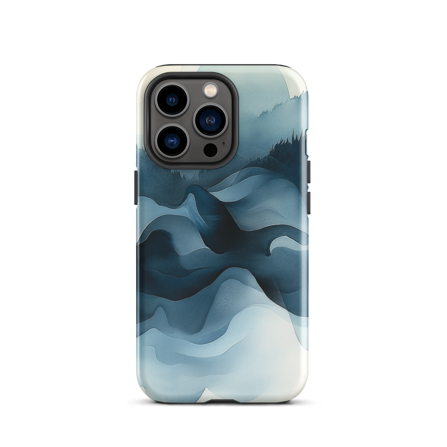 A calming abstract landscape protective phone case inspired by quiet valleys and soft blue tones.