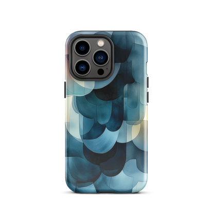 A modern abstract phone case featuring layered blue forms and soft flowing shapes.
