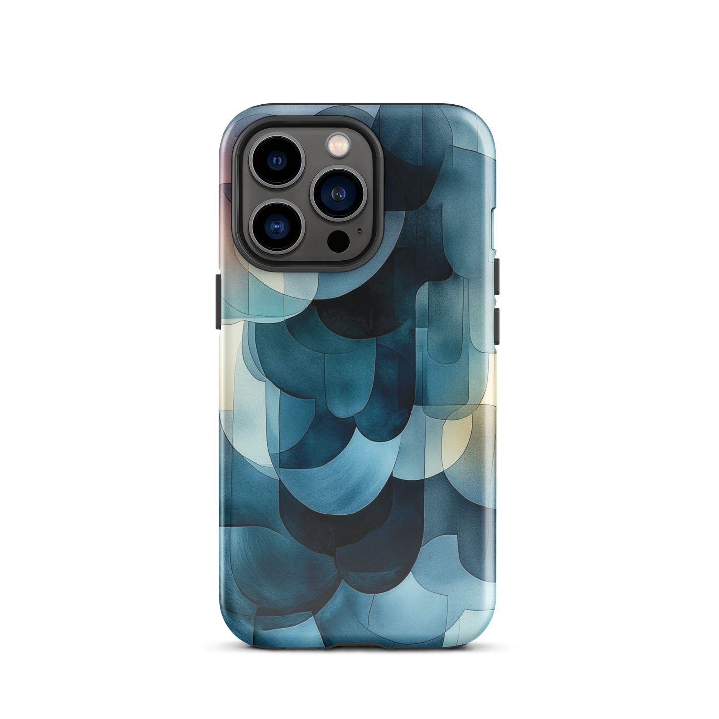 A modern abstract phone case featuring layered blue forms and soft flowing shapes.