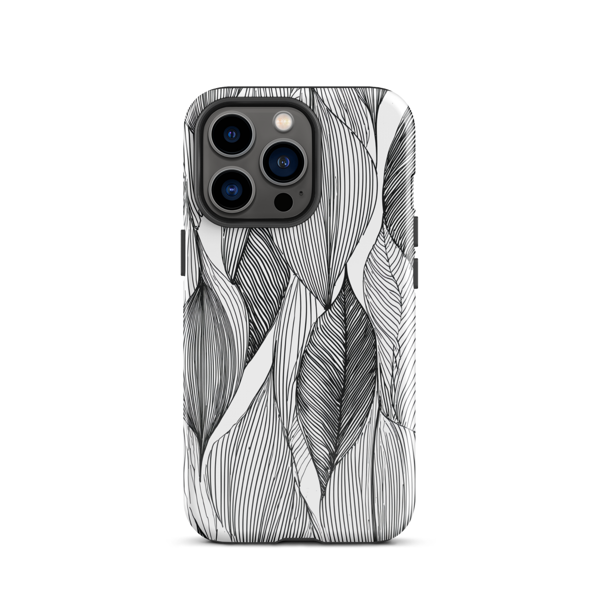 A minimalist phone case featuring fine black botanical linework in a repeating leaf pattern.