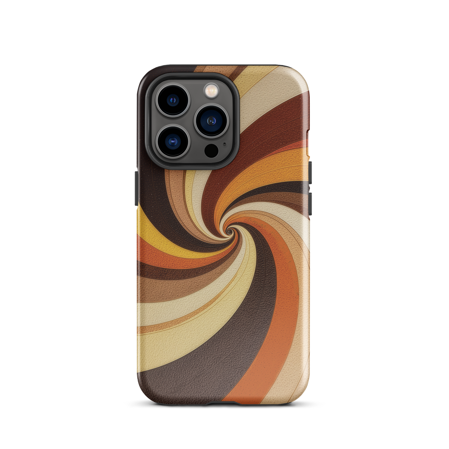 A retro-inspired phone case featuring warm swirling patterns in orange, yellow, and brown tones.