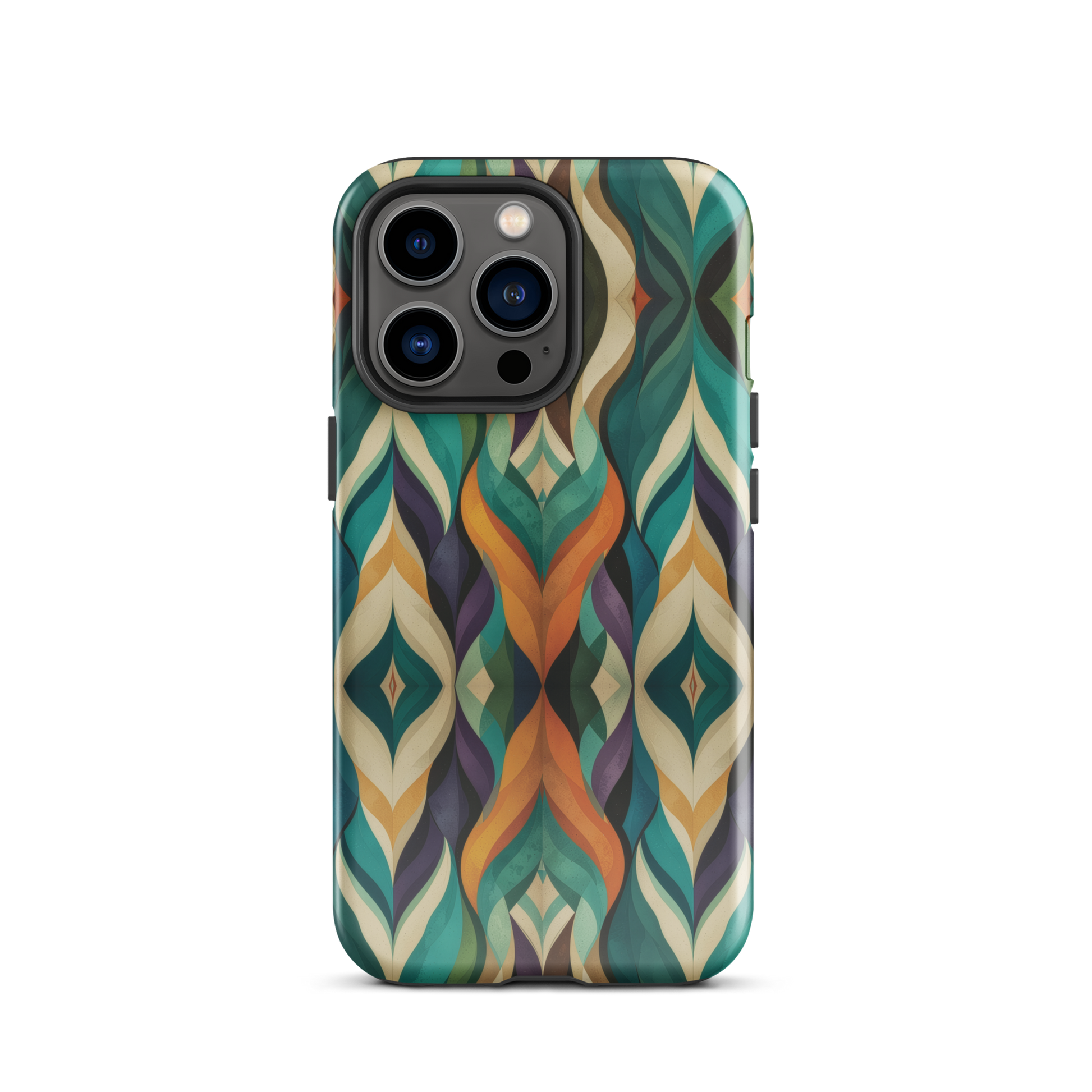 A bold geometric phone case featuring layered shapes in rich, earthy tones.