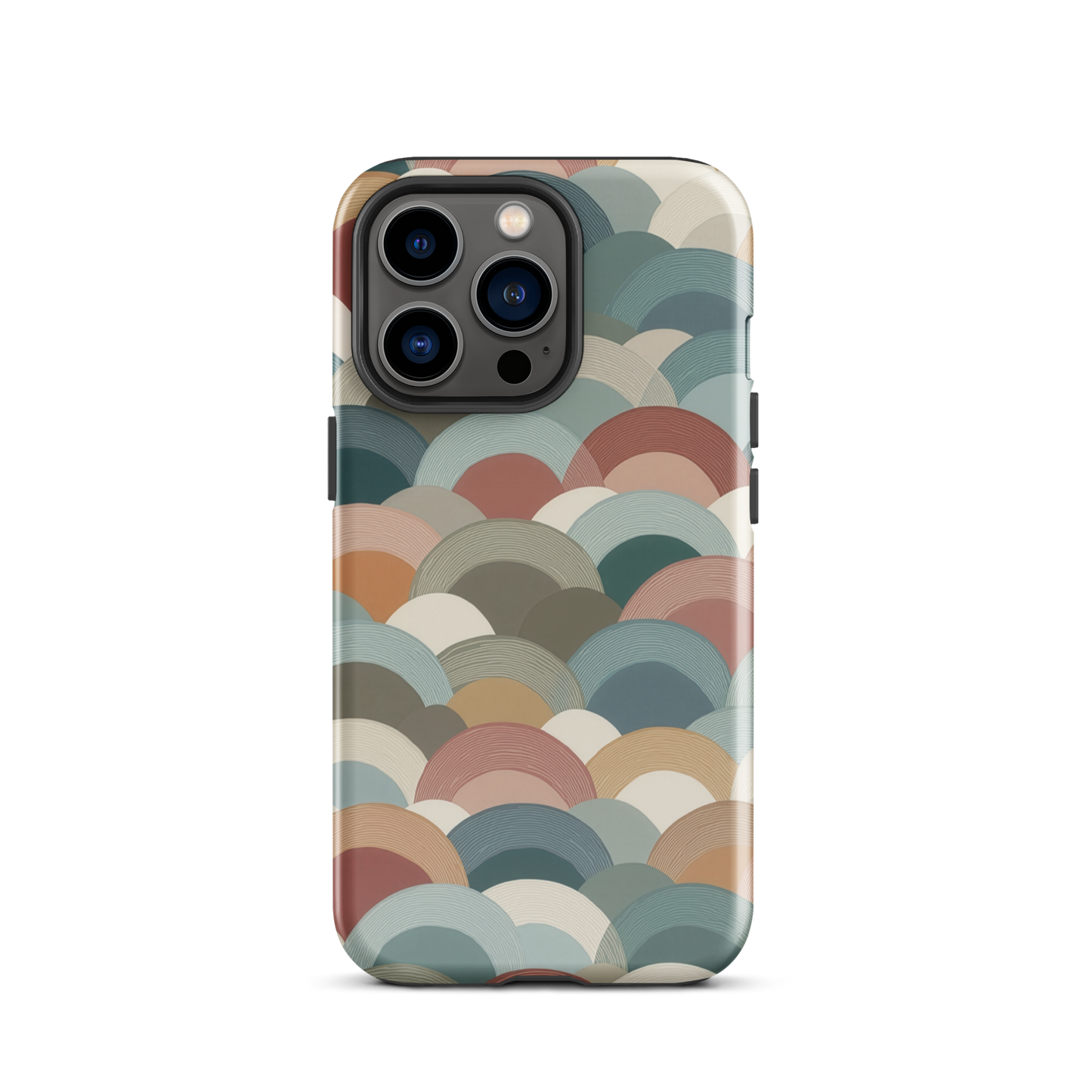 A soft retro-inspired phone case featuring layered arc shapes in warm, earthy tones.