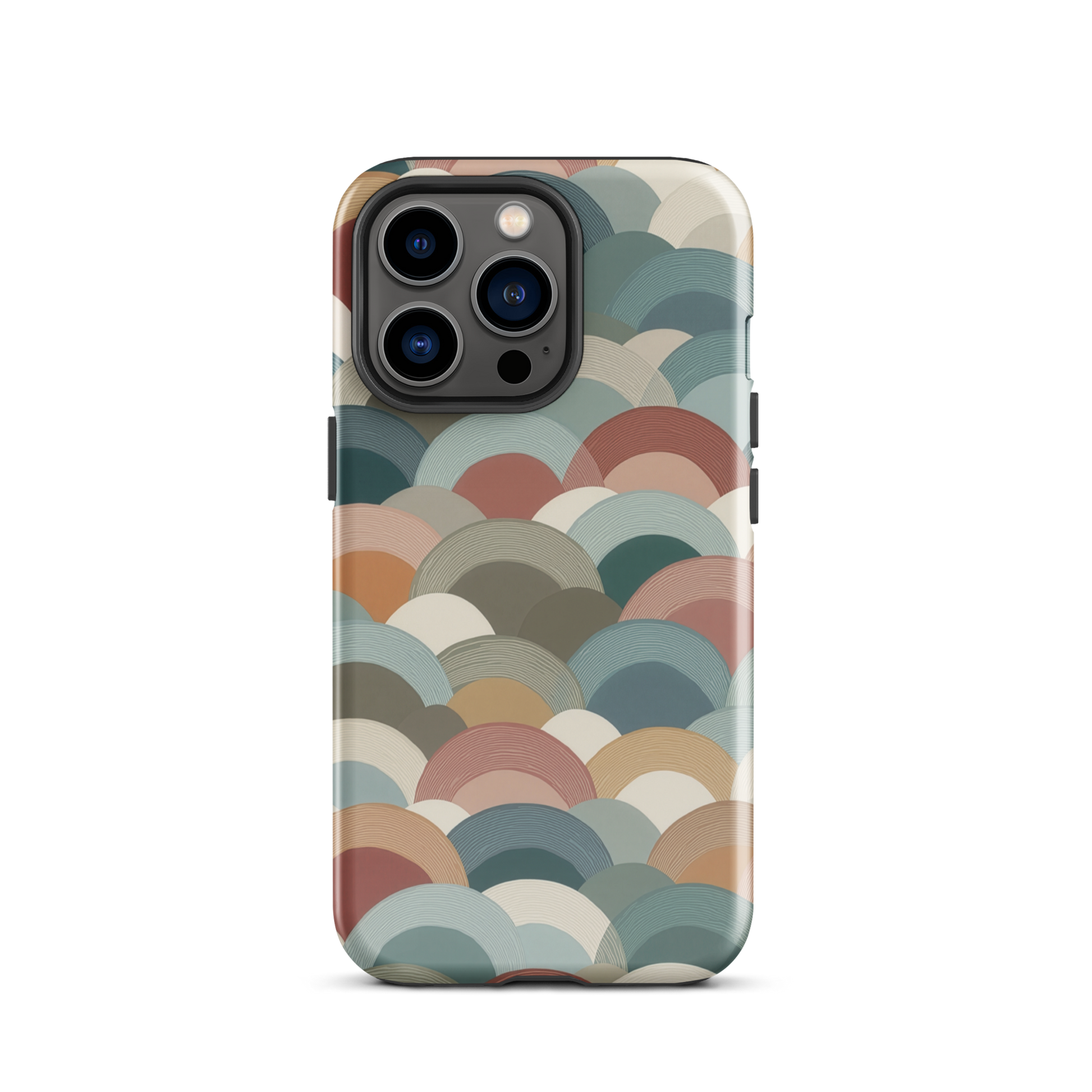 A soft retro-inspired phone case featuring layered arc shapes in warm, earthy tones.