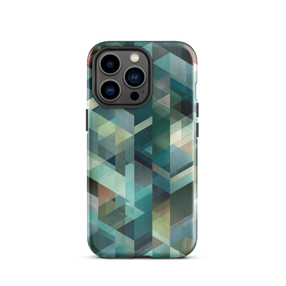 Modern abstract geometric phone case in teal and blue tones with layered retro-inspired shapes.
