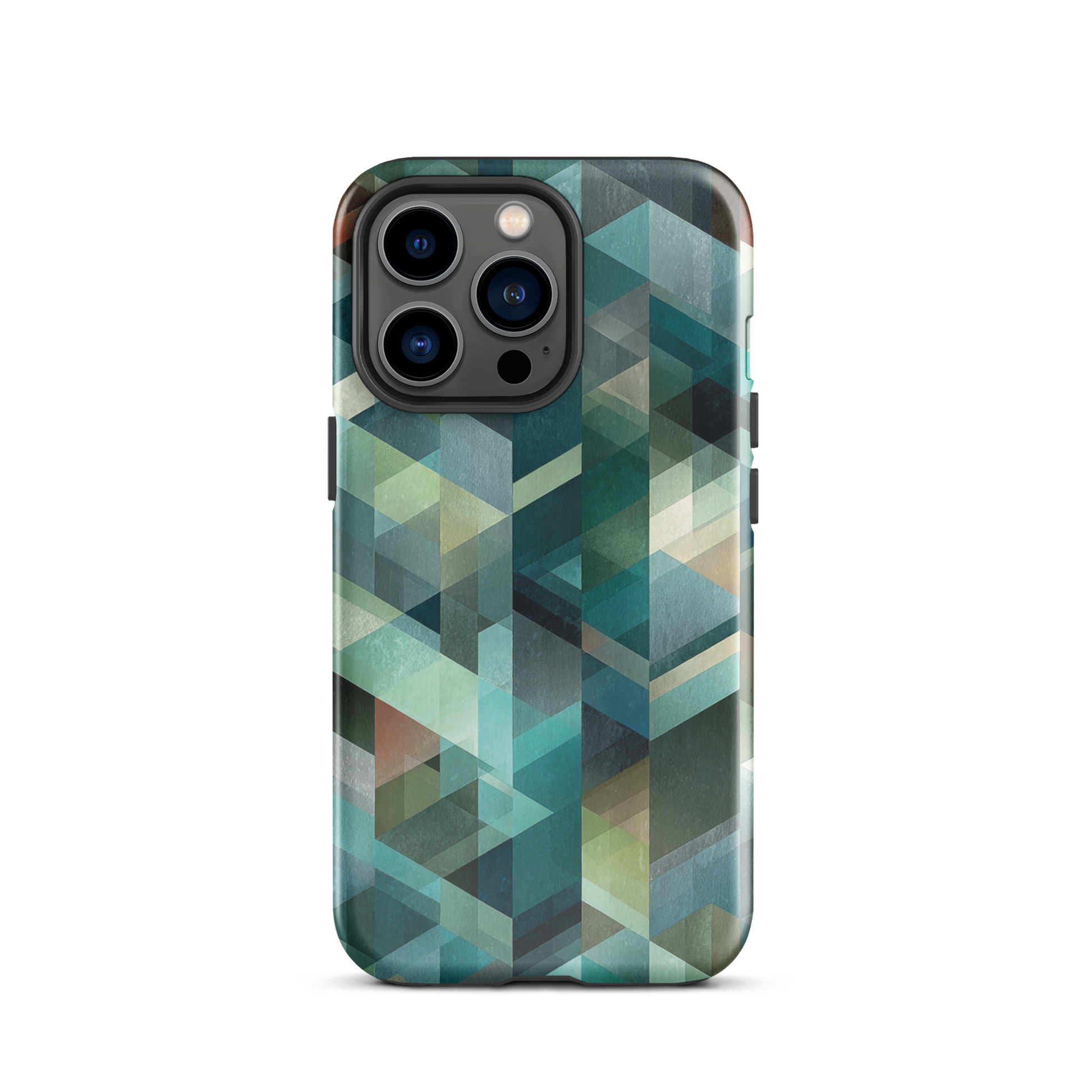 Modern abstract geometric phone case in teal and blue tones with layered retro-inspired shapes.