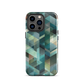 Modern abstract geometric phone case in teal and blue tones with layered retro-inspired shapes.