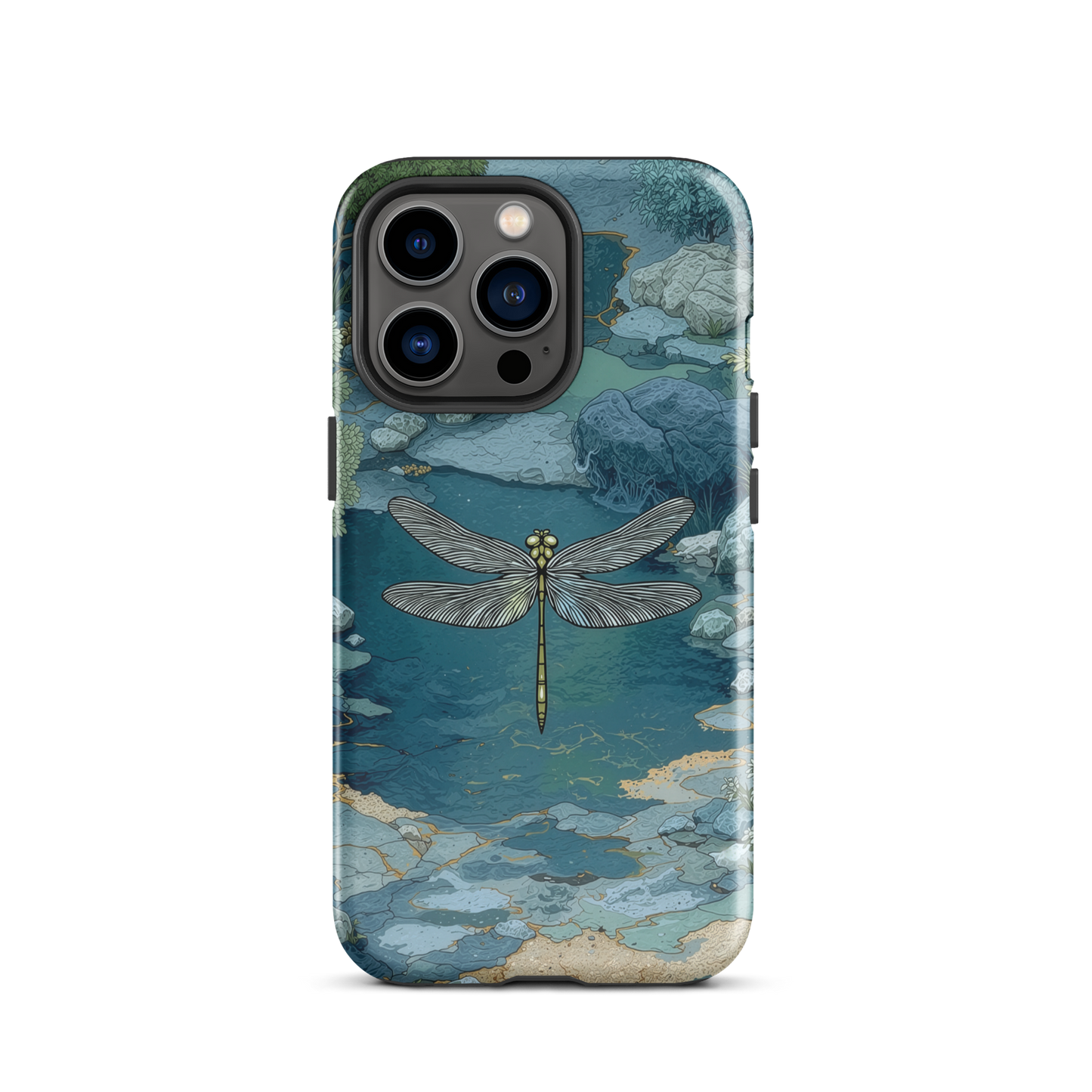 Nature-inspired phone case featuring a dragonfly over calm water with blue and green forest tones.