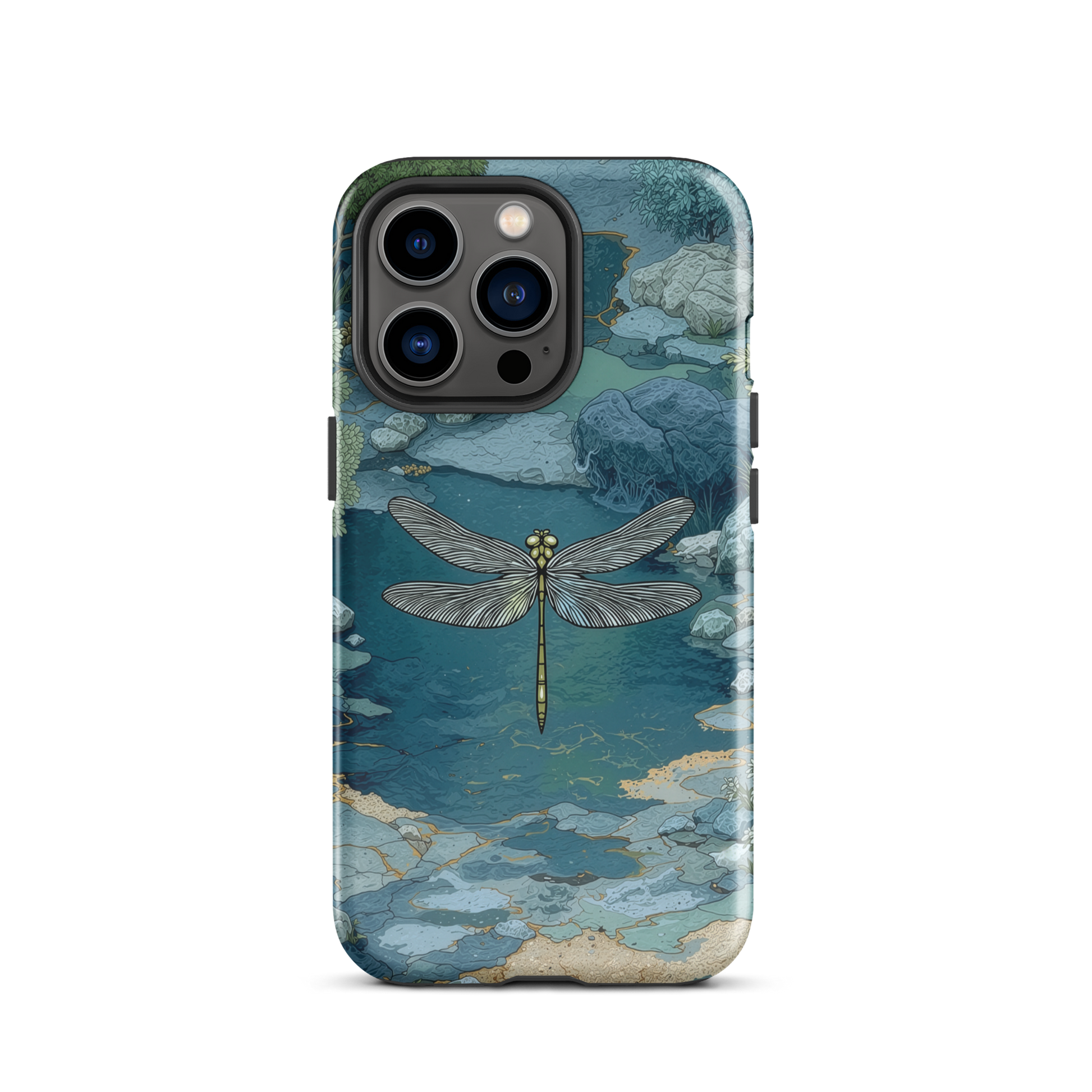 Nature-inspired phone case featuring a dragonfly over calm water with blue and green forest tones.