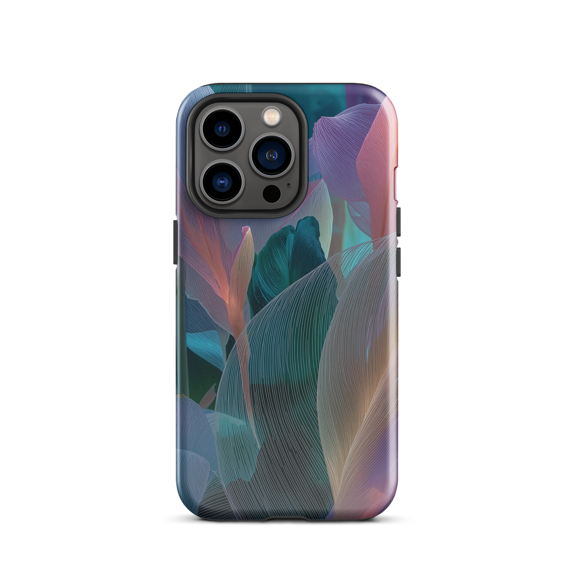Abstract pastel botanical designer phone case in pink, lilac and teal tones with soft flowing floral textures