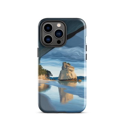 Artistic Cathedral Cove coastal designer phone case with arch rock, blue ocean and golden cliffs