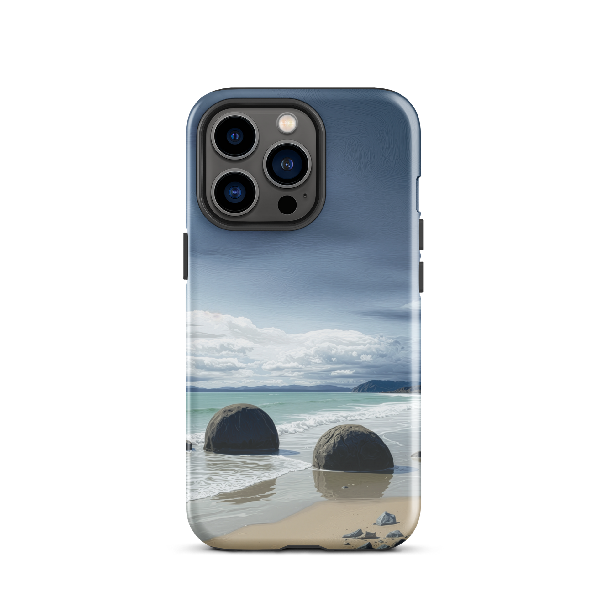 Moeraki Boulders coastal designer phone case with ocean waves and dramatic NZ sky
