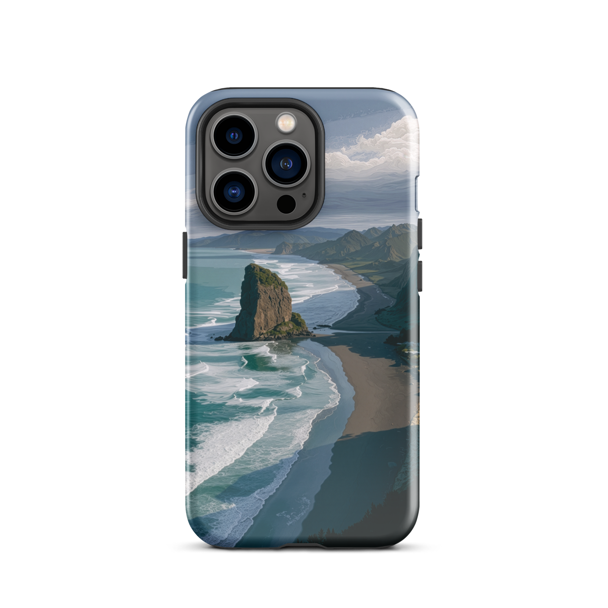 Piha Beach Lion Rock designer phone case with turquoise waves and dramatic NZ coastline
