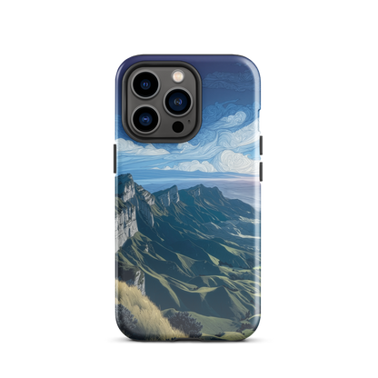 Te Mata Peak designer phone case with Hawke’s Bay cliffs, rolling green hills and dramatic swirling sky