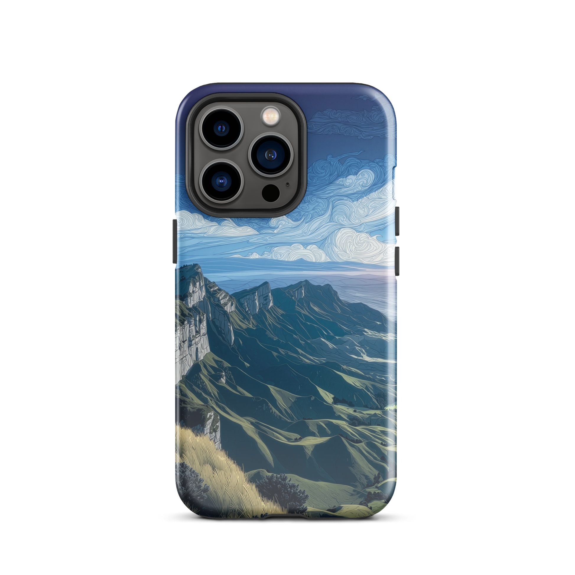 Te Mata Peak designer phone case with Hawke’s Bay cliffs, rolling green hills and dramatic swirling sky