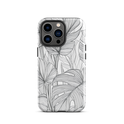 Minimal black and white tropical leaf designer phone case with detailed botanical line art