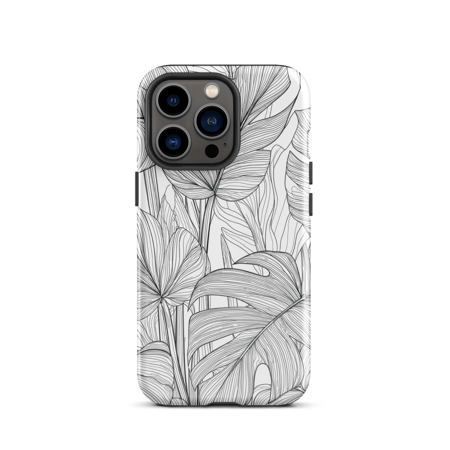 Minimal black and white tropical leaf designer phone case with detailed botanical line art