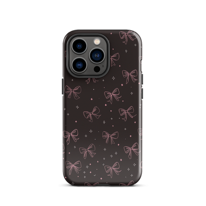 Midnight Bow seamless repeat pattern — pink hand-drawn ribbon bows and sparkle stars on a black background