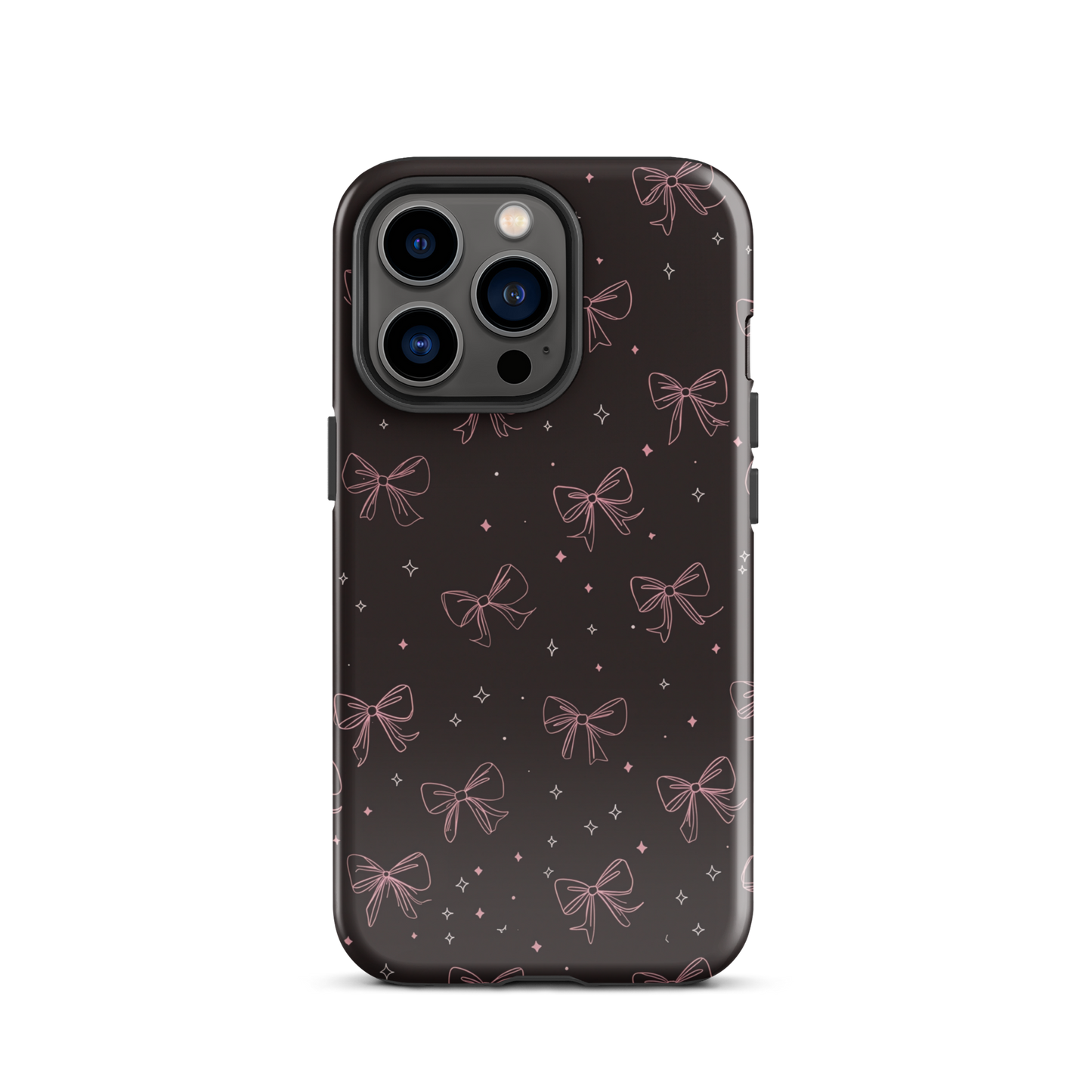 Midnight Bow seamless repeat pattern — pink hand-drawn ribbon bows and sparkle stars on a black background