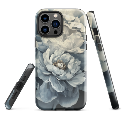 'Whisper' iPhone case features a stunning close-up of softly painted peony blooms in dreamy shades of ivory, grey, and smoky blue.