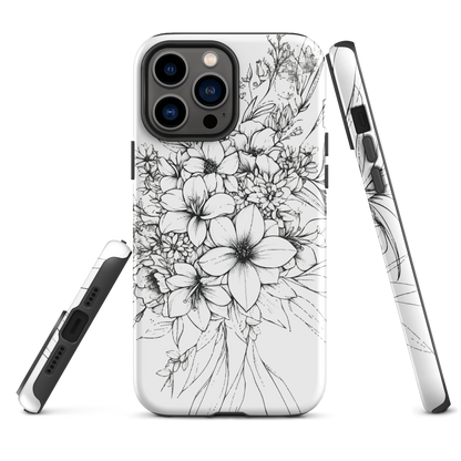 Black and white floral phone case with hand-drawn lilies and wildflowers