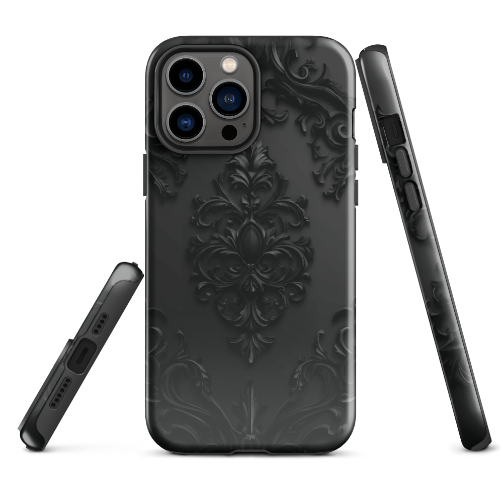 Black embossed damask phone case with gothic baroque pattern.