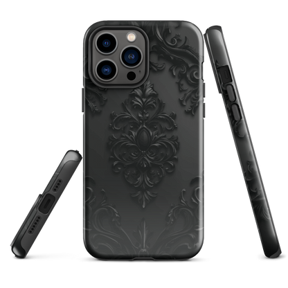 Black embossed damask phone case with gothic baroque pattern.