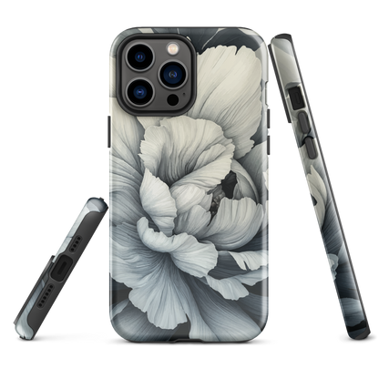 Black and white floral phone case featuring a soft, moody peony design by New Zealand artist Ben Hart.