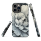 Black and white floral phone case featuring a soft, moody peony design by New Zealand artist Ben Hart.