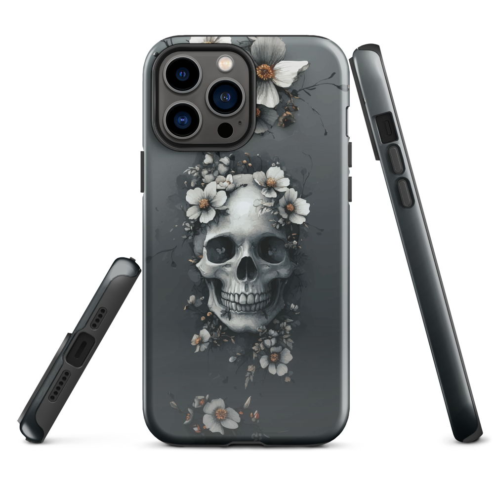 Gothic phone case with a floral skull design in grey tones, featuring white blossoms and dark detailing.