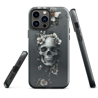 Gothic phone case with a floral skull design in grey tones, featuring white blossoms and dark detailing.